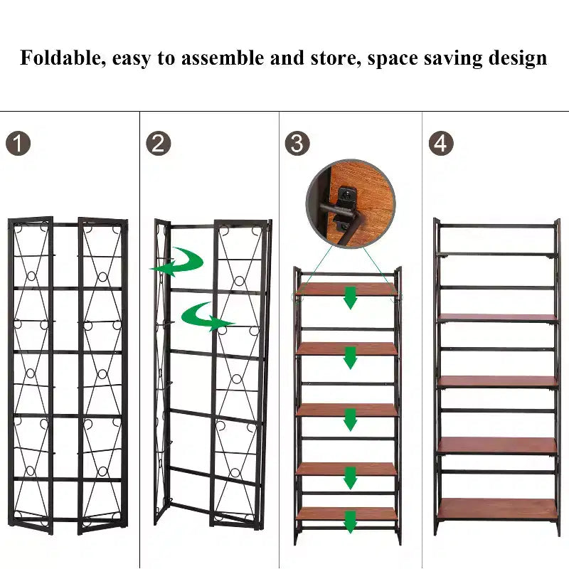 VECELO Scaffale Pieghevole, Libreria Pieghevole a 5 Ripiani, Scaffale Industriale in Metallo Autoportante Organizer per Soggiorno o Camera da Letto, Marrone