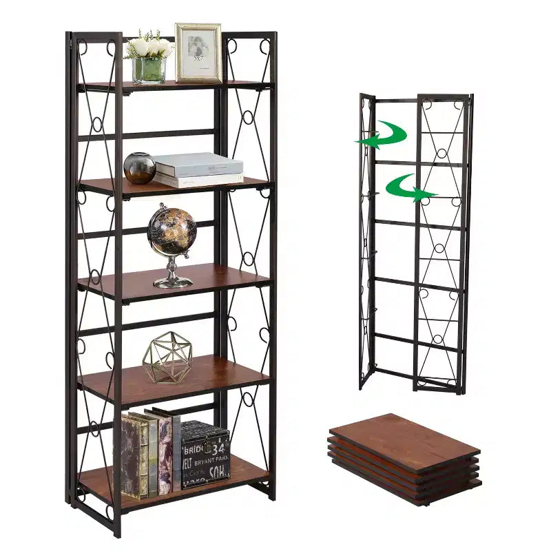 VECELO Scaffale Pieghevole, Libreria Pieghevole a 5 Ripiani, Scaffale Industriale in Metallo Autoportante Organizer per Soggiorno o Camera da Letto, Marrone