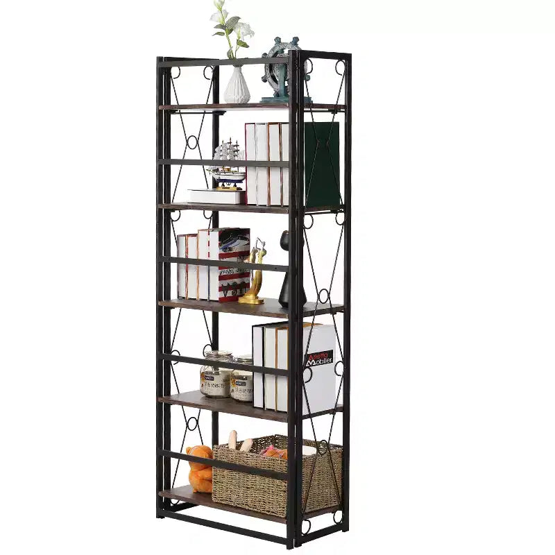 VECELO Scaffale Pieghevole, Libreria Pieghevole a 5 Ripiani, Scaffale Industriale in Metallo Autoportante Organizer per Soggiorno o Camera da Letto, Marrone