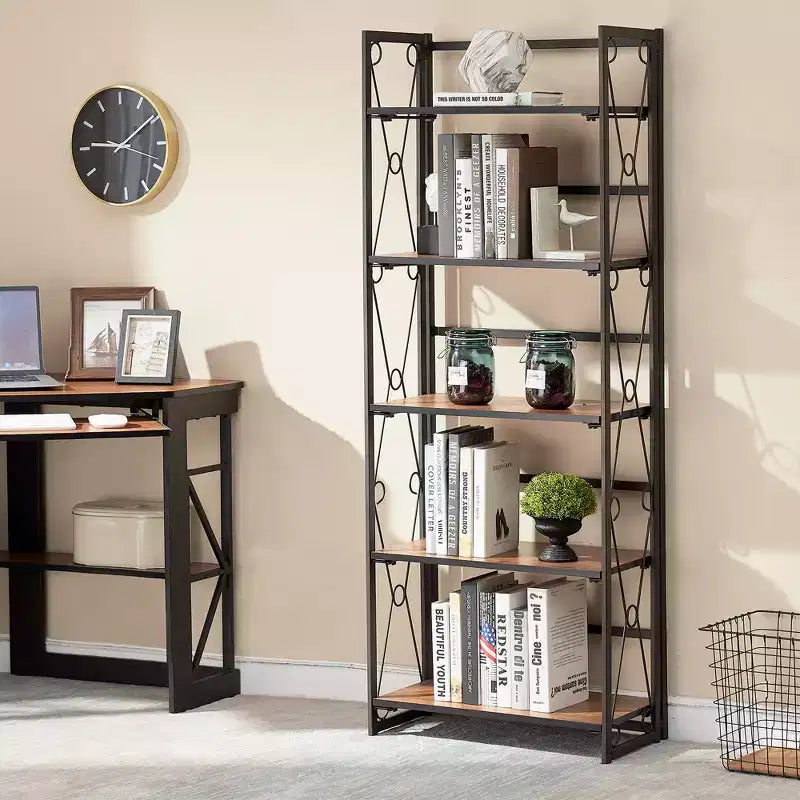 VECELO Scaffale Pieghevole, Libreria Pieghevole a 5 Ripiani, Scaffale Industriale in Metallo Autoportante Organizer per Soggiorno o Camera da Letto, Marrone