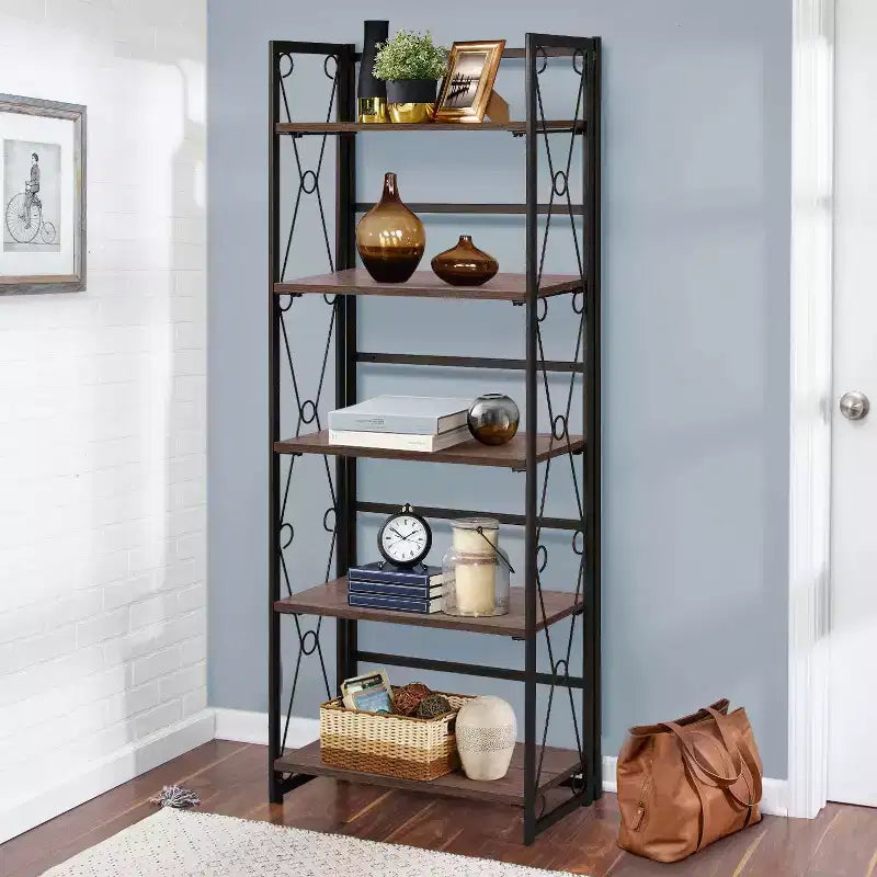 VECELO Scaffale Pieghevole, Libreria Pieghevole a 5 Ripiani, Scaffale Industriale in Metallo Autoportante Organizer per Soggiorno o Camera da Letto, Marrone