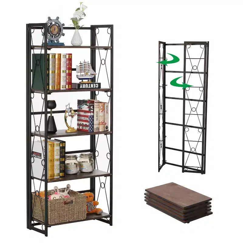 VECELO Scaffale Pieghevole, Libreria Pieghevole a 5 Ripiani, Scaffale Industriale in Metallo Autoportante Organizer per Soggiorno o Camera da Letto, Marrone