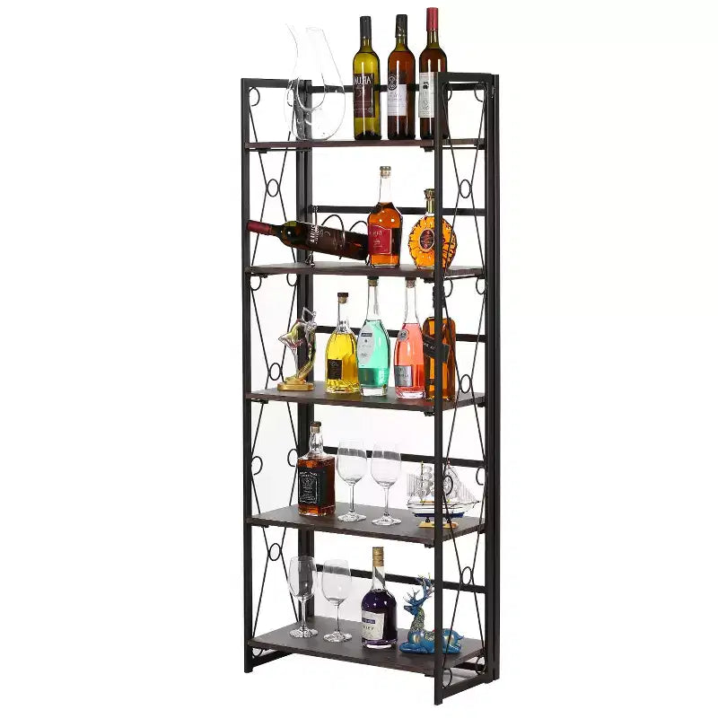 VECELO Scaffale Pieghevole, Libreria Pieghevole a 5 Ripiani, Scaffale Industriale in Metallo Autoportante Organizer per Soggiorno o Camera da Letto, Marrone