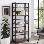 VECELO Folding Bookshelf, 5 Shelf Folding Bookcase, Industrial Metal Freestanding Shelves Rack Organizer for Living Room or Bedroom, Brown