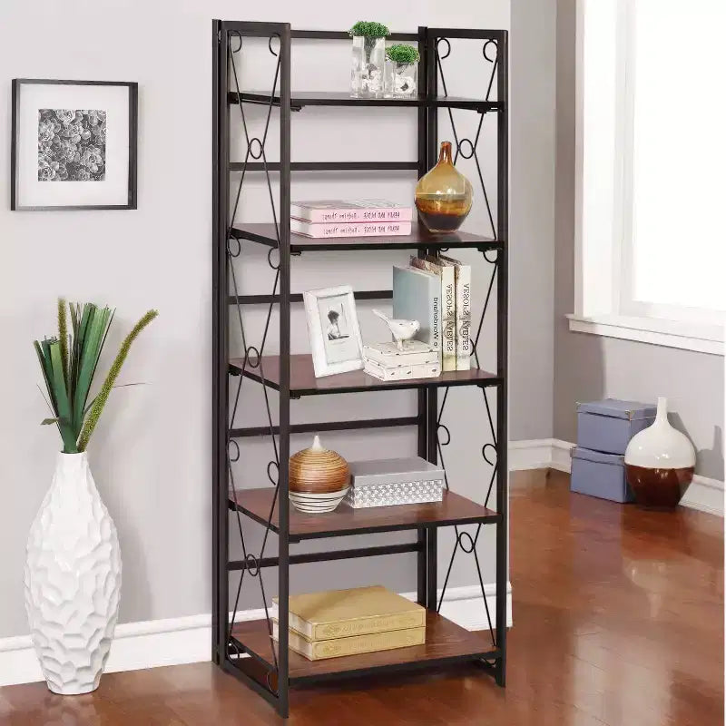 VECELO Folding Bookshelf, 5 Shelf Folding Bookcase, Industrial Metal Freestanding Shelves Rack Organizer for Living Room or Bedroom, Brown