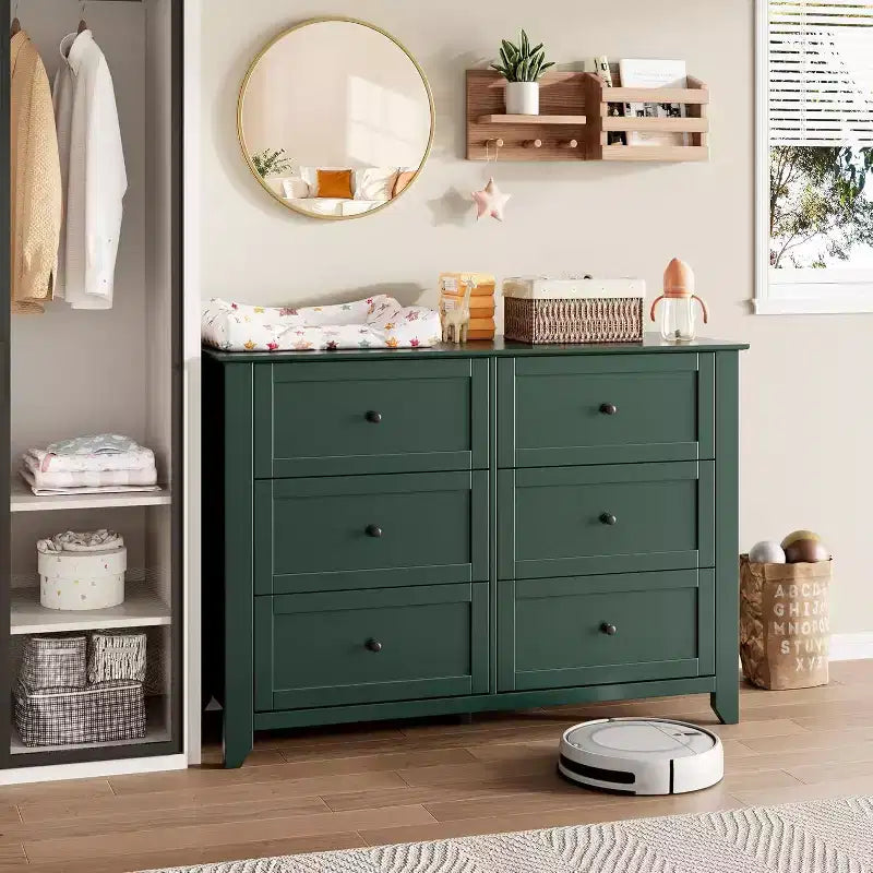 Acekool Dressers 6-Drawer Tall Dresser Organizer, Deep Storage Chest, Handles, Modern Farmhouse for Bedroom, Closet, Living Room, Green