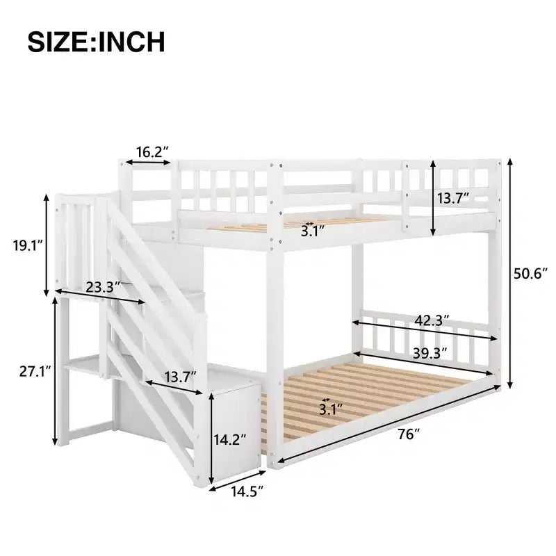 Okak Twin over Twin Solid Wood Floor Bunk Bed Low Loft Bunk Bed with Storage Ladder & Safety Guardrail for Kids Teens, Easy Assemble