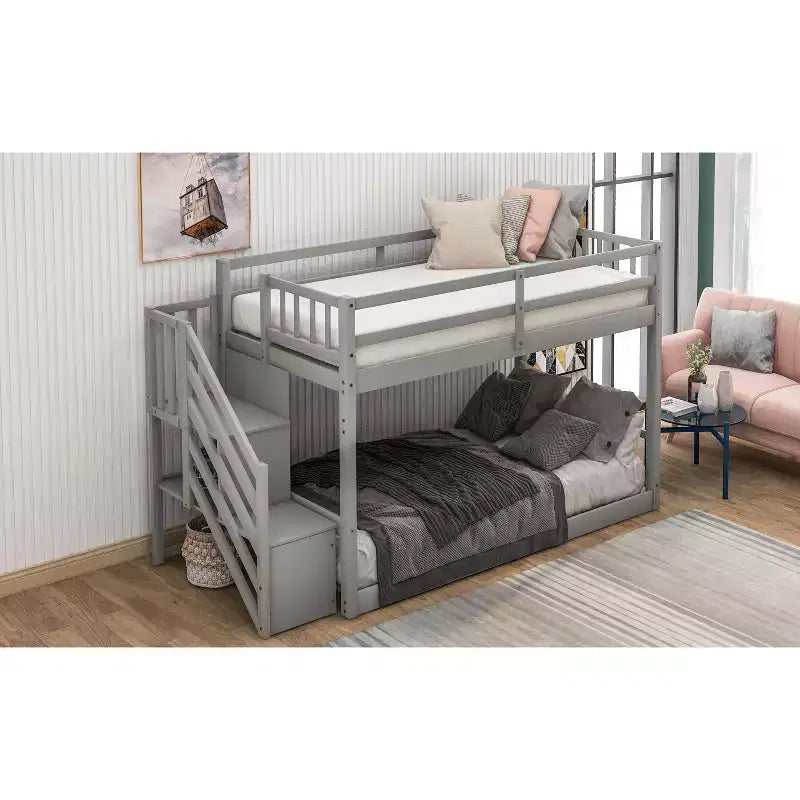 Okak Twin over Twin Solid Wood Floor Bunk Bed Low Loft Bunk Bed with Storage Ladder & Safety Guardrail for Kids Teens, Easy Assemble