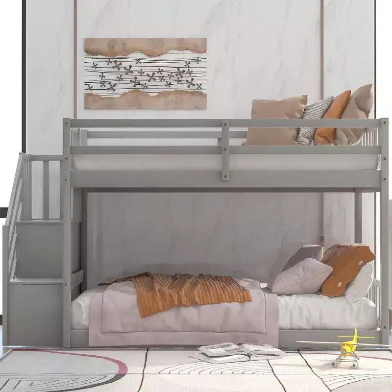 Okak Twin over Twin Solid Wood Floor Bunk Bed Low Loft Bunk Bed with Storage Ladder & Safety Guardrail for Kids Teens, Easy Assemble