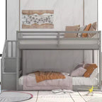 Okak Twin over Twin Solid Wood Floor Bunk Bed Low Loft Bunk Bed with Storage Ladder & Safety Guardrail for Kids Teens, Easy Assemble