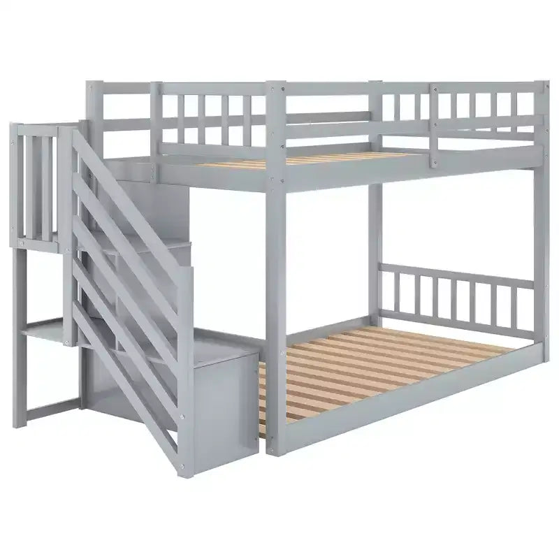 Okak Twin over Twin Solid Wood Floor Bunk Bed Low Loft Bunk Bed with Storage Ladder & Safety Guardrail for Kids Teens, Easy Assemble