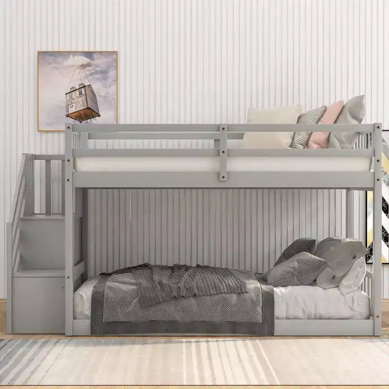 Okak Twin over Twin Solid Wood Floor Bunk Bed Low Loft Bunk Bed with Storage Ladder & Safety Guardrail for Kids Teens, Easy Assemble