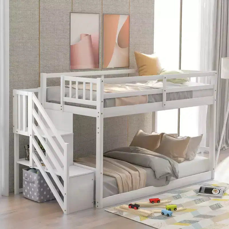Okak Twin over Twin Solid Wood Floor Bunk Bed Low Loft Bunk Bed with Storage Ladder & Safety Guardrail for Kids Teens, Easy Assemble