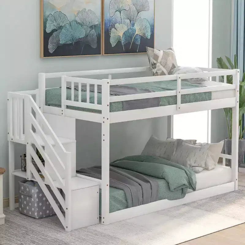 Okak Twin over Twin Solid Wood Floor Bunk Bed Low Loft Bunk Bed with Storage Ladder & Safety Guardrail for Kids Teens, Easy Assemble