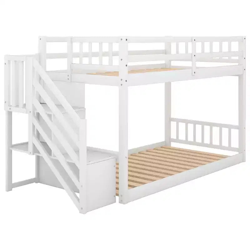 Okak Twin over Twin Solid Wood Floor Bunk Bed Low Loft Bunk Bed with Storage Ladder & Safety Guardrail for Kids Teens, Easy Assemble