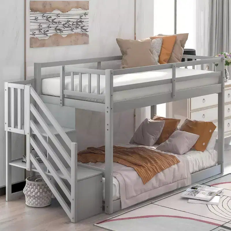 Okak Twin over Twin Solid Wood Floor Bunk Bed Low Loft Bunk Bed with Storage Ladder & Safety Guardrail for Kids Teens, Easy Assemble