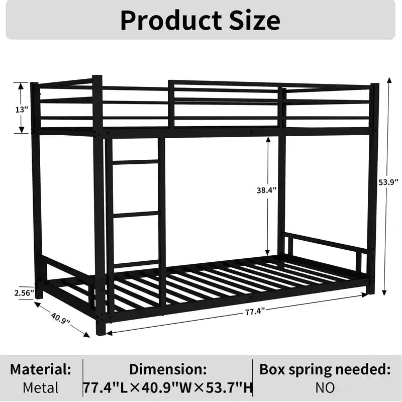 Okak Twin over Twin Metal Loft Bunk Bed Heavy Duty Bedframe with Ladder & Safety Guardrail for Adults Teens Noise Reduced Easy Assemble