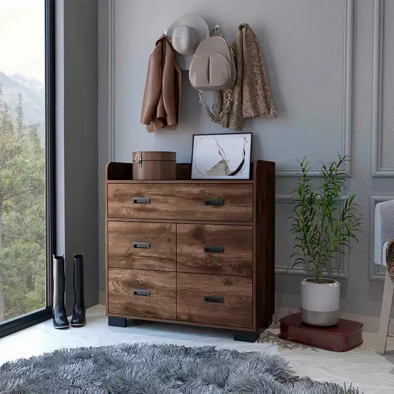 Comò Okak per Camera da Letto con Doppio Cassetto e 4 Cassetti Singoli, Cassettiera in Legno Organizzatore per Armadio per Soggiorno Corridoio