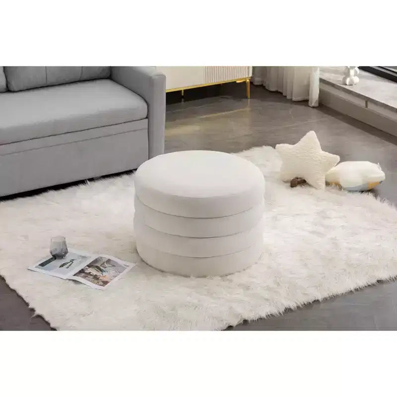 Okak Modern Round Storage Ottoman Bench Vanity Chair Soft Velvet Upholstered Footrest Stool With Wooden Shelving for Couch Bedroom Entrance