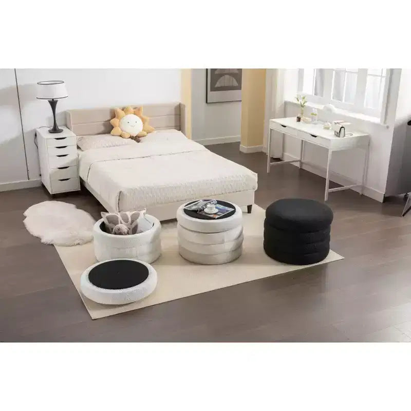 Okak Modern Round Storage Ottoman Bench Vanity Chair Soft Velvet Upholstered Footrest Stool With Wooden Shelving for Couch Bedroom Entrance