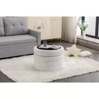 Okak Modern Round Storage Ottoman Bench Vanity Chair Soft Velvet Upholstered Footrest Stool With Wooden Shelving for Couch Bedroom Entrance