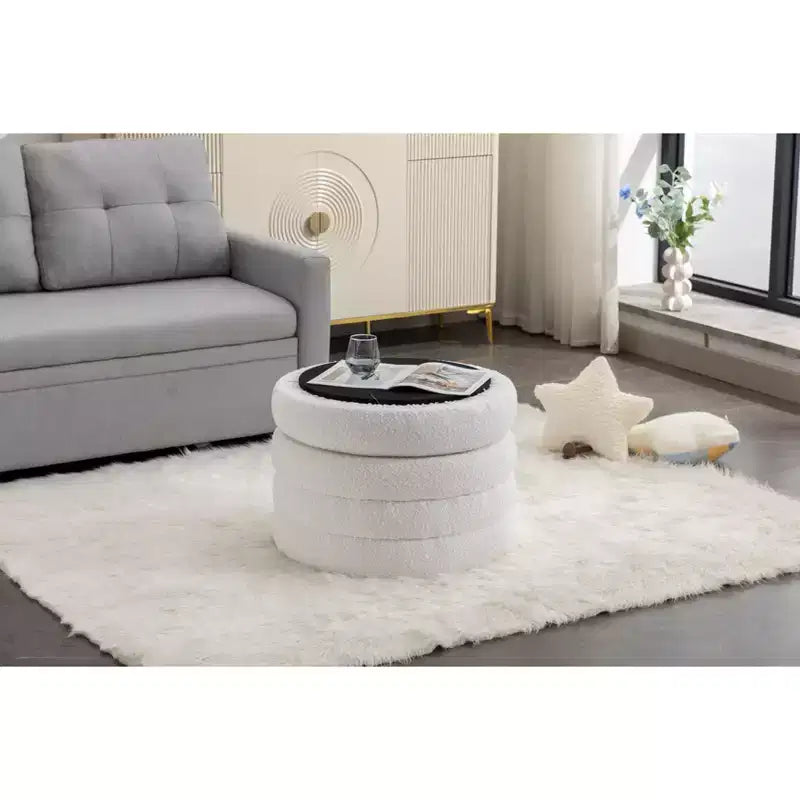 Okak Modern Round Storage Ottoman Bench Vanity Chair Soft Velvet Upholstered Footrest Stool With Wooden Shelving for Couch Bedroom Entrance