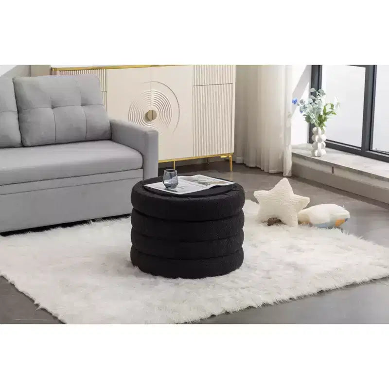 Okak Modern Round Storage Ottoman Bench Vanity Chair Soft Velvet Upholstered Footrest Stool With Wooden Shelving for Couch Bedroom Entrance