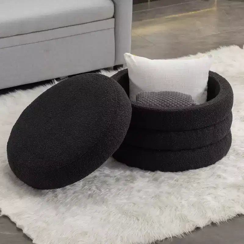 Okak Modern Round Storage Ottoman Bench Vanity Chair Soft Velvet Upholstered Footrest Stool With Wooden Shelving for Couch Bedroom Entrance