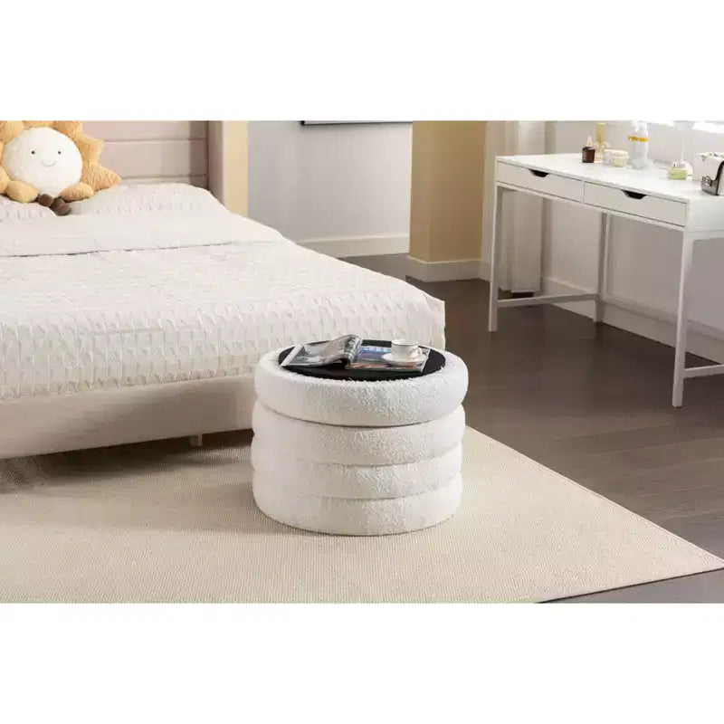 Okak Modern Round Storage Ottoman Bench Vanity Chair Soft Velvet Upholstered Footrest Stool With Wooden Shelving for Couch Bedroom Entrance