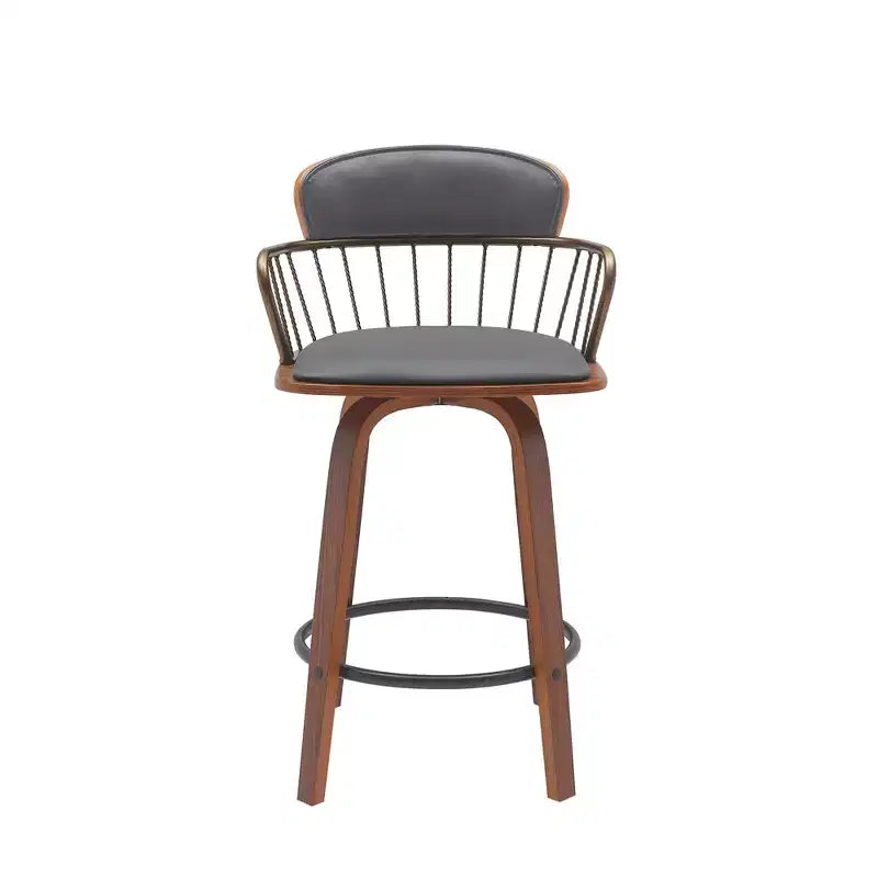 HomeRoots 26 Sgabello da bar con schienale basso girevole in similpelle grigia e marrone legno altezza bancone