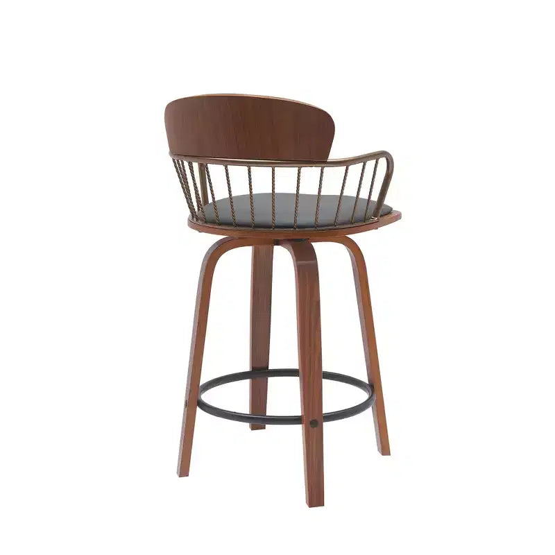 HomeRoots 26 Sgabello da bar con schienale basso girevole in similpelle grigia e marrone legno altezza bancone