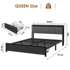 Garvee Queen Size Bed Frame with Storage Headboard, Industrial Queen Platform with 2 Drawers and Charging Station, Black No Box Spring Needed Bedframe