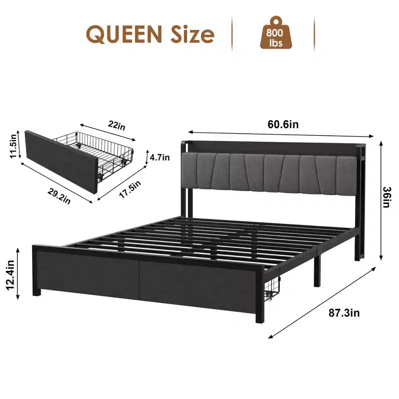 Garvee Queen Size Bed Frame with Storage Headboard, Industrial Queen Platform with 2 Drawers and Charging Station, Black No Box Spring Needed Bedframe
