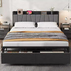 Garvee Queen Size Bed Frame with Storage Headboard, Industrial Queen Platform with 2 Drawers and Charging Station, Black No Box Spring Needed Bedframe