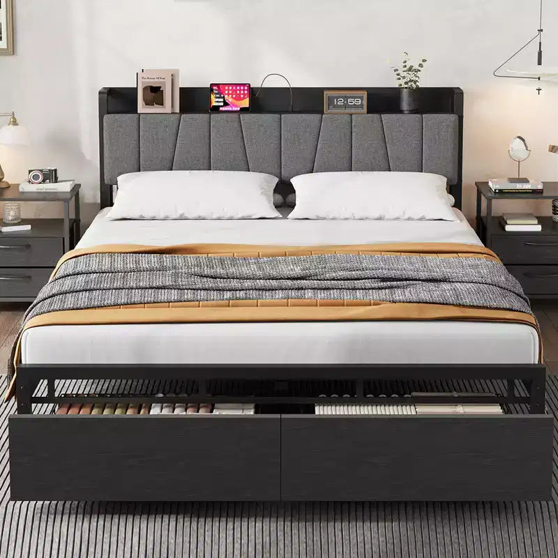 Garvee Queen Size Bed Frame with Storage Headboard, Industrial Queen Platform with 2 Drawers and Charging Station, Black No Box Spring Needed Bedframe