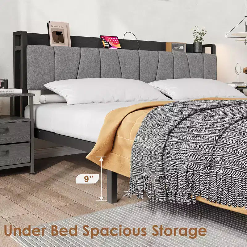 Garvee Queen Size Bed Frame with Storage Headboard, Industrial Queen Platform with 2 Drawers and Charging Station, Black No Box Spring Needed Bedframe