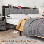 Garvee Queen Size Bed Frame with Storage Headboard, Industrial Queen Platform with 2 Drawers and Charging Station, Black No Box Spring Needed Bedframe