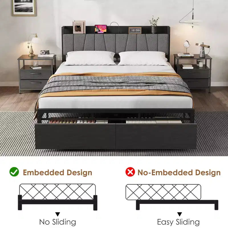 Garvee Queen Size Bed Frame with Storage Headboard, Industrial Queen Platform with 2 Drawers and Charging Station, Black No Box Spring Needed Bedframe