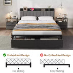 Garvee Queen Size Bed Frame with Storage Headboard, Industrial Queen Platform with 2 Drawers and Charging Station, Black No Box Spring Needed Bedframe