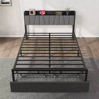 Garvee Queen Size Bed Frame with Storage Headboard, Industrial Queen Platform with 2 Drawers and Charging Station, Black No Box Spring Needed Bedframe