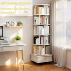 Chic Crate 6-Tier 360 Rotating Bookshelf with Wheels & Drawer, Space-Saving Bookcase for Bedroom & Home Office