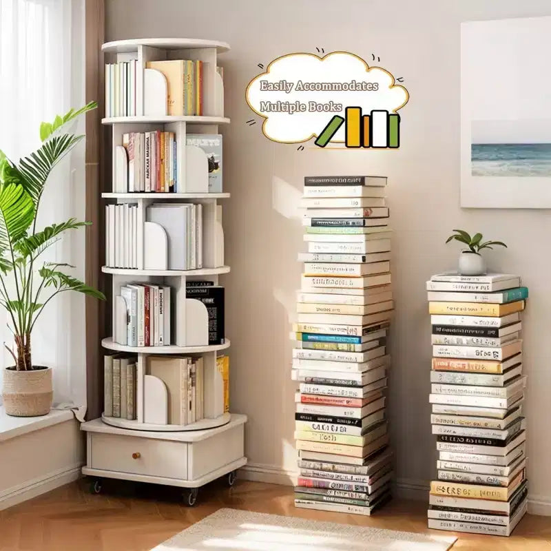 Chic Crate 6-Tier 360 Rotating Bookshelf with Wheels & Drawer, Space-Saving Bookcase for Bedroom & Home Office