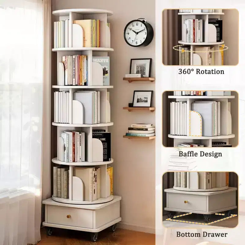Chic Crate 6-Tier 360 Rotating Bookshelf with Wheels & Drawer, Space-Saving Bookcase for Bedroom & Home Office