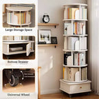 Chic Crate 6-Tier 360 Rotating Bookshelf with Wheels & Drawer, Space-Saving Bookcase for Bedroom & Home Office