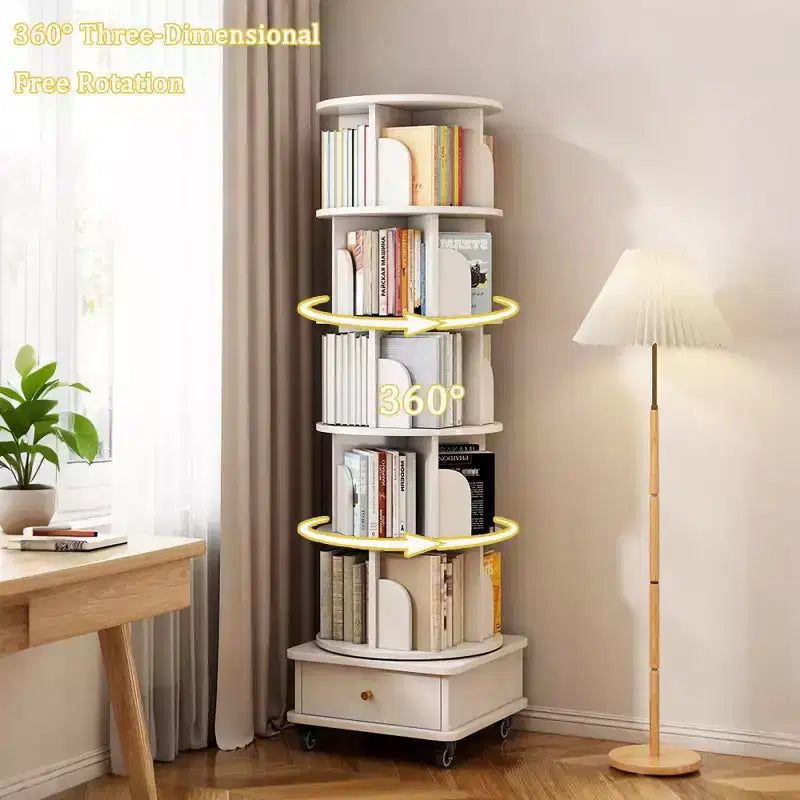 Chic Crate 6-Tier 360 Rotating Bookshelf with Wheels & Drawer, Space-Saving Bookcase for Bedroom & Home Office