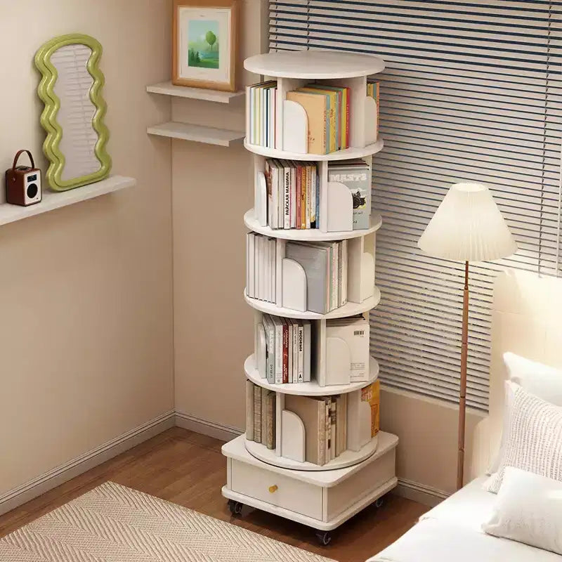 Chic Crate 6-Tier 360 Rotating Bookshelf with Wheels & Drawer, Space-Saving Bookcase for Bedroom & Home Office
