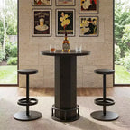 MAYEERTY 23.62 Round Modern Farmhouse Bistro Table Set with 2 Stools, Rustic MDF Top & Metal Pedestal Base, 37.8 Bar Height Table with Footrest