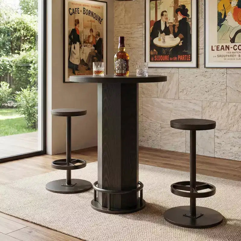 MAYEERTY 23.62 Round Modern Farmhouse Bistro Table Set with 2 Stools, Rustic MDF Top & Metal Pedestal Base, 37.8 Bar Height Table with Footrest