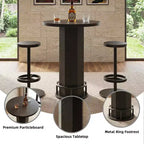 MAYEERTY 23.62 Round Modern Farmhouse Bistro Table Set with 2 Stools, Rustic MDF Top & Metal Pedestal Base, 37.8 Bar Height Table with Footrest