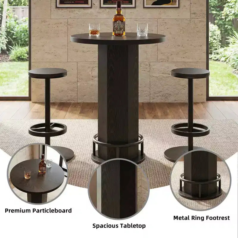 MAYEERTY 23.62 Round Modern Farmhouse Bistro Table Set with 2 Stools, Rustic MDF Top & Metal Pedestal Base, 37.8 Bar Height Table with Footrest